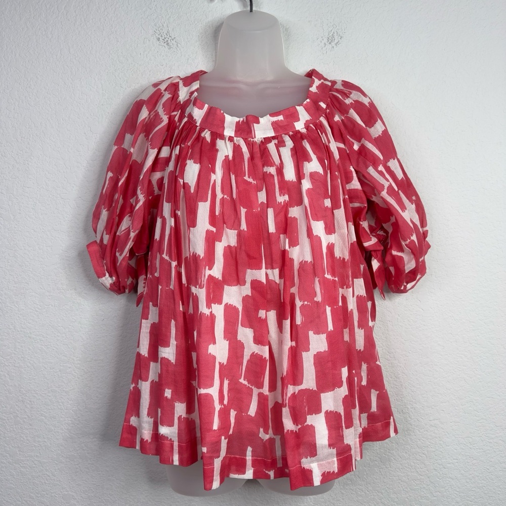 See By Chloe Shirt Womens 6 Salmon White Abstract Artsy Puff Sleeve Coastal Boho